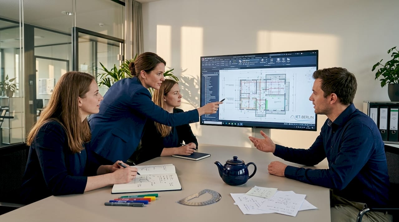 Das Architektenteam bespricht gemeinsam am Tisch die Qualitätsplanung.