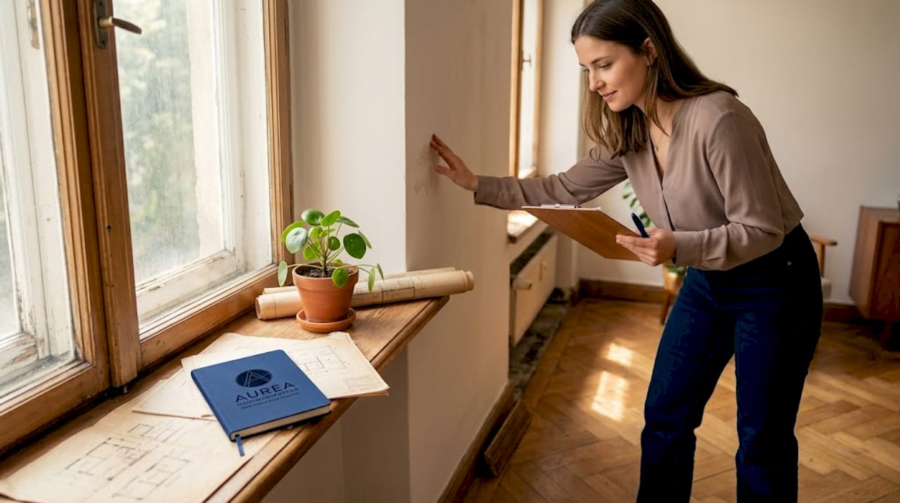 Eine Frau schaut sich das Wohnzimmer in einer Altbauwohnung an.
