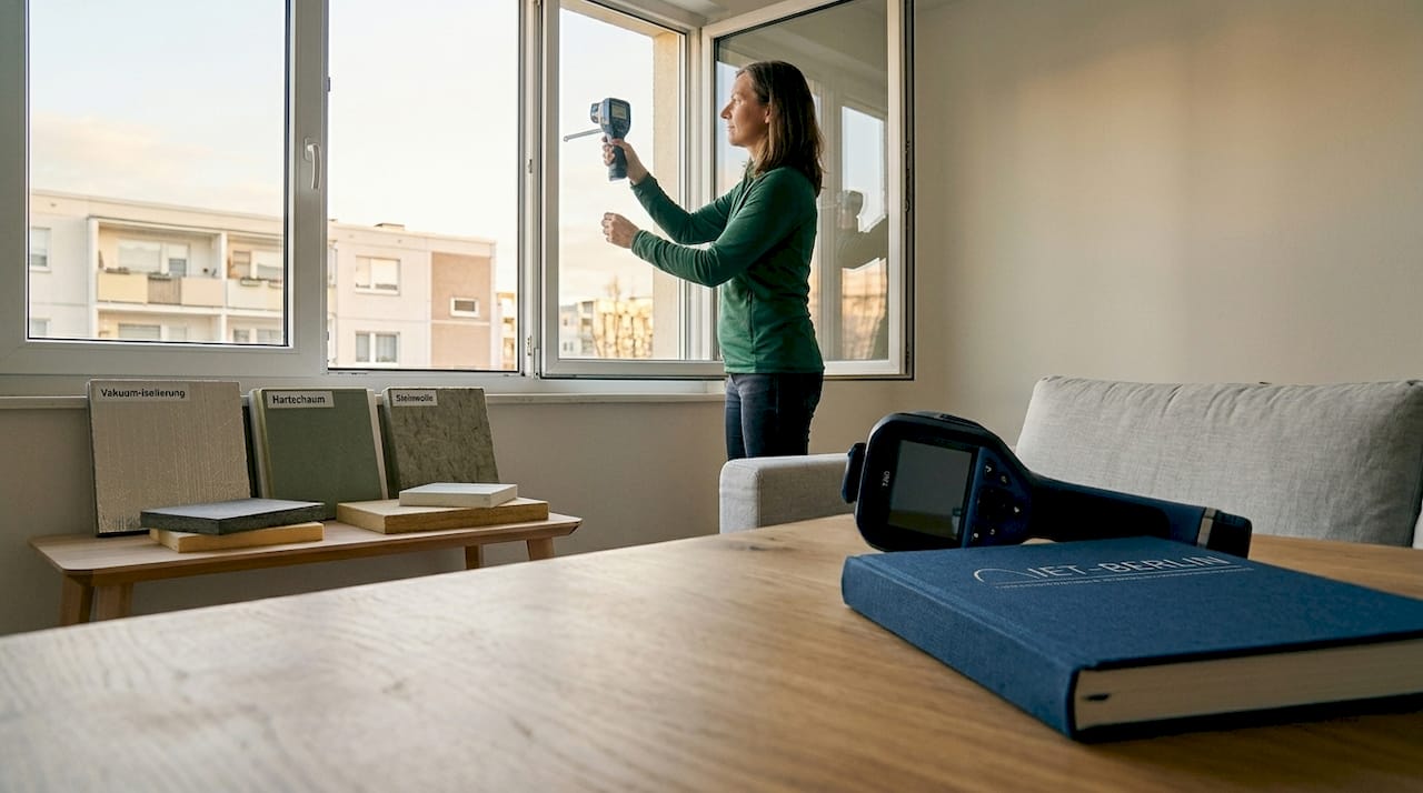 Ein Energieberater überprüft, wie gut die Fenster in der Wohnung gedämmt sind.