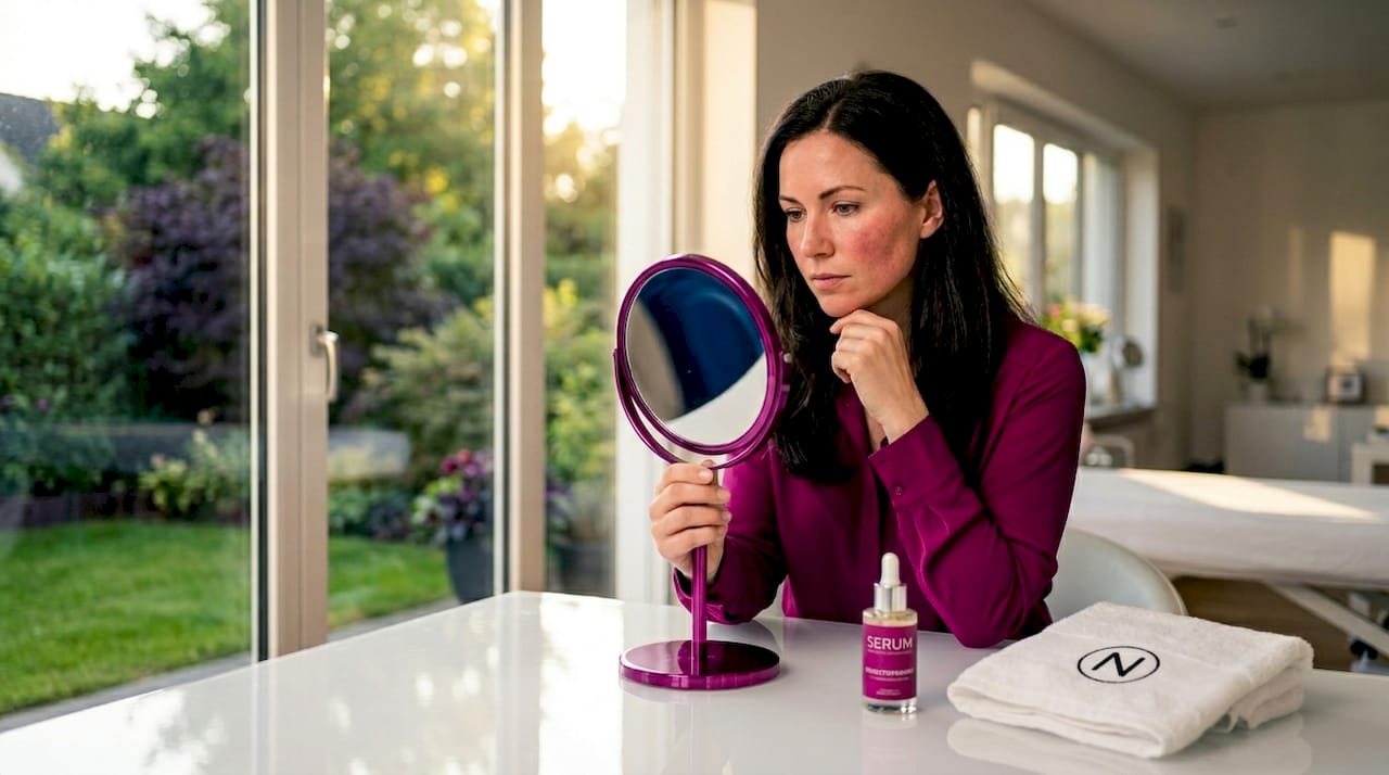 Nach dem Microneedling wirft eine Frau einen prüfenden Blick auf ihre Haut, um das Ergebnis ihrer Heimanwendung zu begutachten.