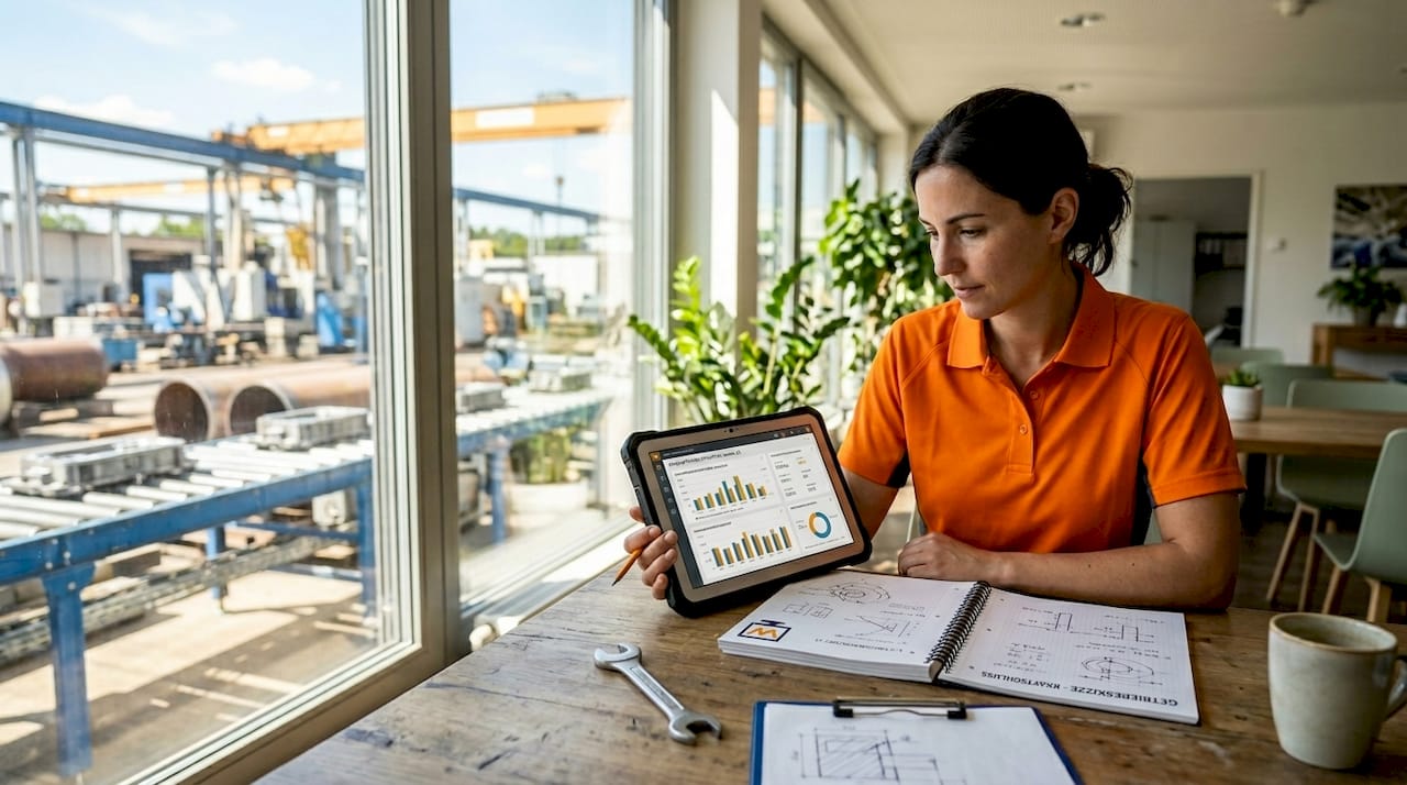 Eine Ingenieurin untersucht und optimiert Abläufe im Maschinenbau.