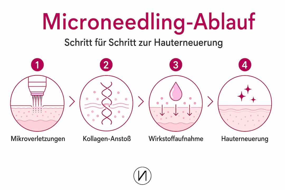 Die Infografik veranschaulicht die einzelnen Schritte einer Microneedling-Behandlung.