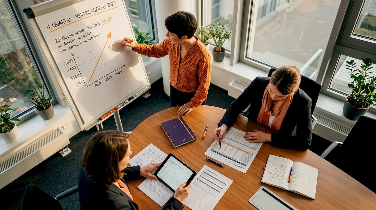 Ein Team bespricht gemeinsam die aktuellen Unternehmenszahlen und analysiert das Wachstumspotenzial.