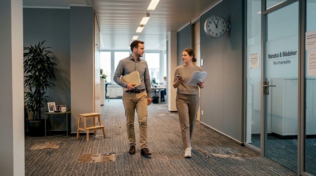 Mitarbeiter arbeiten im Büroalltag und haben dabei Akten oder Unterlagen in der Hand.