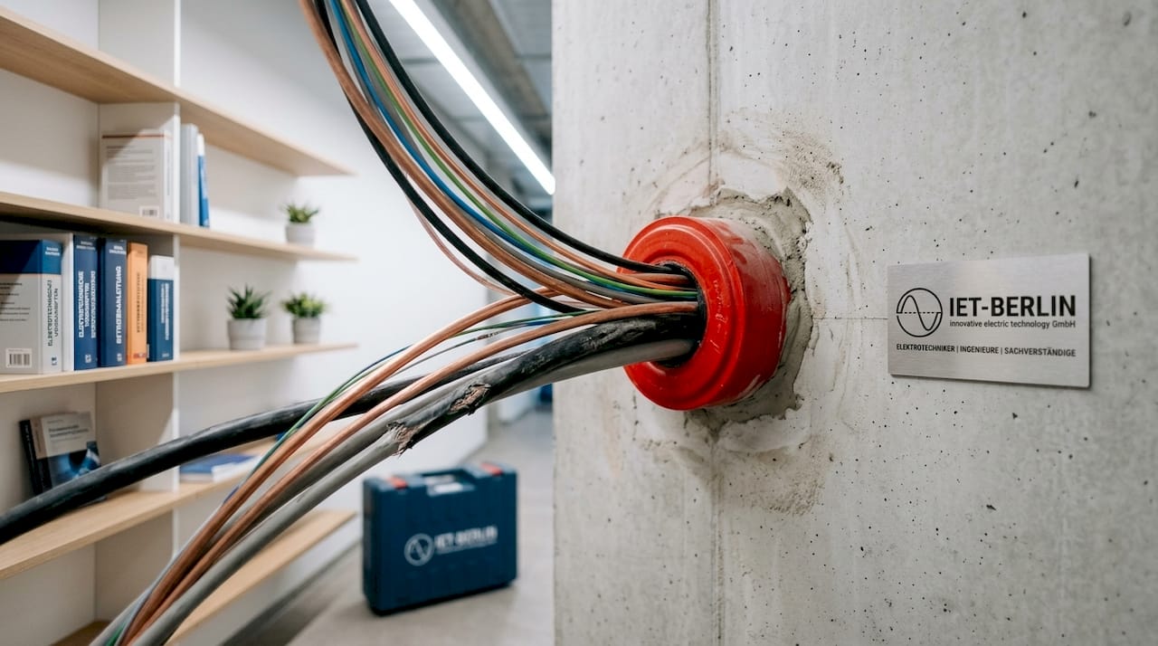 Detailaufnahme einer fachgerechten Brandschutzabdichtung von Elektrokabeln