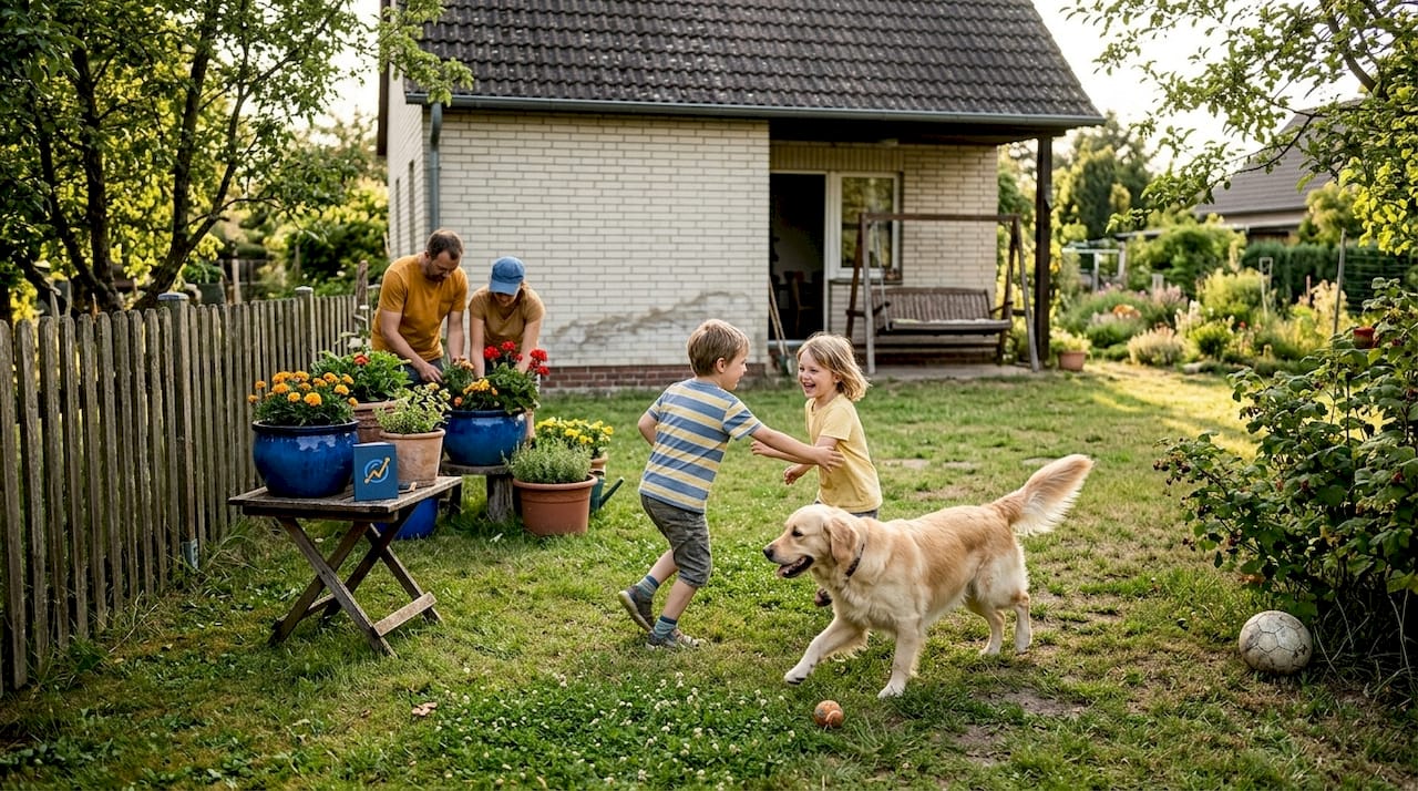 Eine Familie genießt das Leben in ihrem Haus mit Garten im schönen Brandenburg.