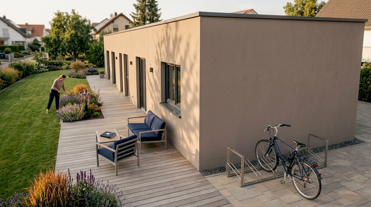 Blick auf einen klassischen Bungalow in rechteckiger Bauweise