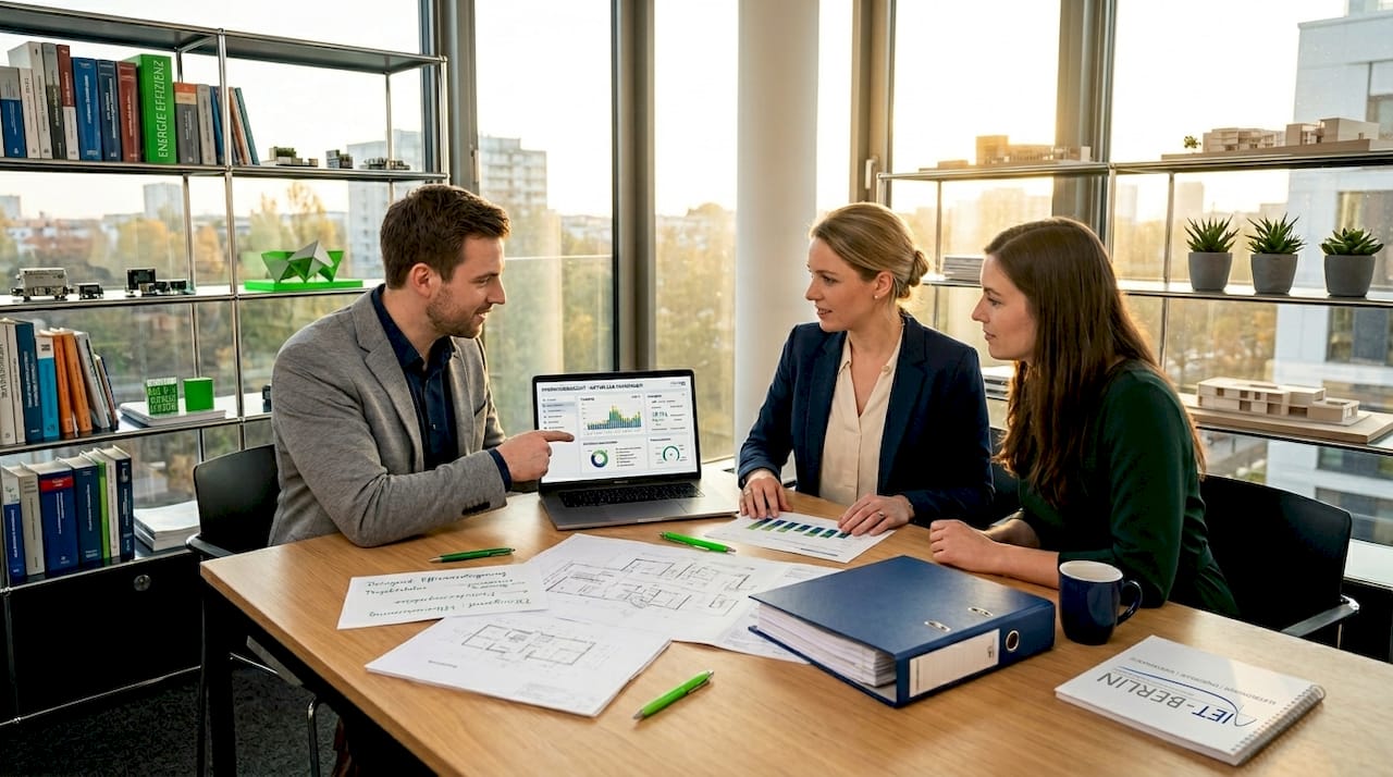 Das Team im Büro tauscht sich über das neue Energieverbrauchs-Dashboard aus.
