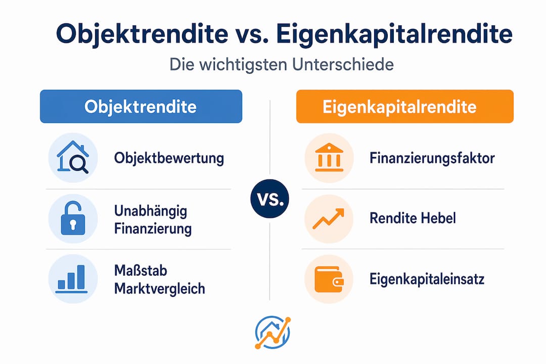 Die Infografik zeigt einen Vergleich zwischen der Rendite des Objekts und der Eigenkapitalrendite auf einen Blick.