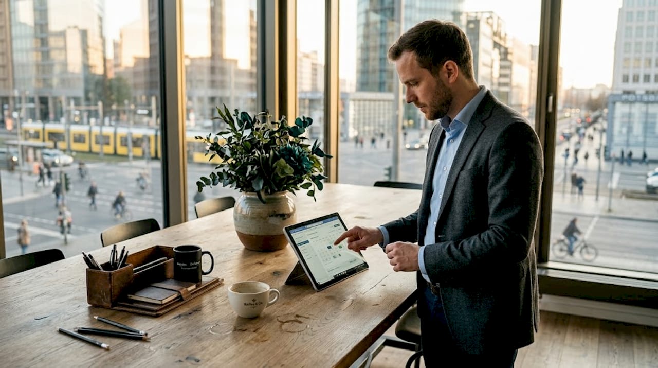 Ein Mitarbeiter kontrolliert seine Arbeitszeiten direkt am Tablet.