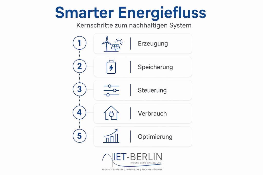 Die Infografik veranschaulicht, wie smarte Energiesysteme in fünf Schritten umgesetzt werden können.