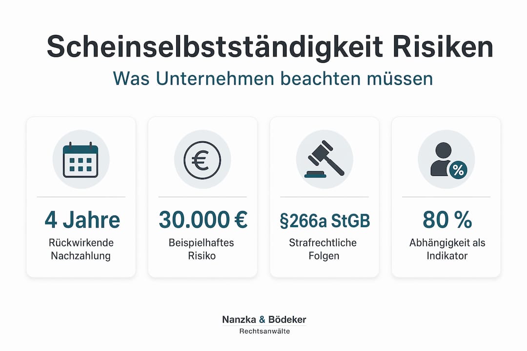 Die Infografik zeigt die größten Fallstricke und Risiken rund um das Thema Scheinselbstständigkeit auf.