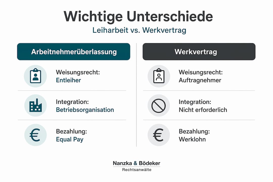 Infografik: Leiharbeit vs. Werkvertrag – die wichtigsten Unterschiede auf einen Blick