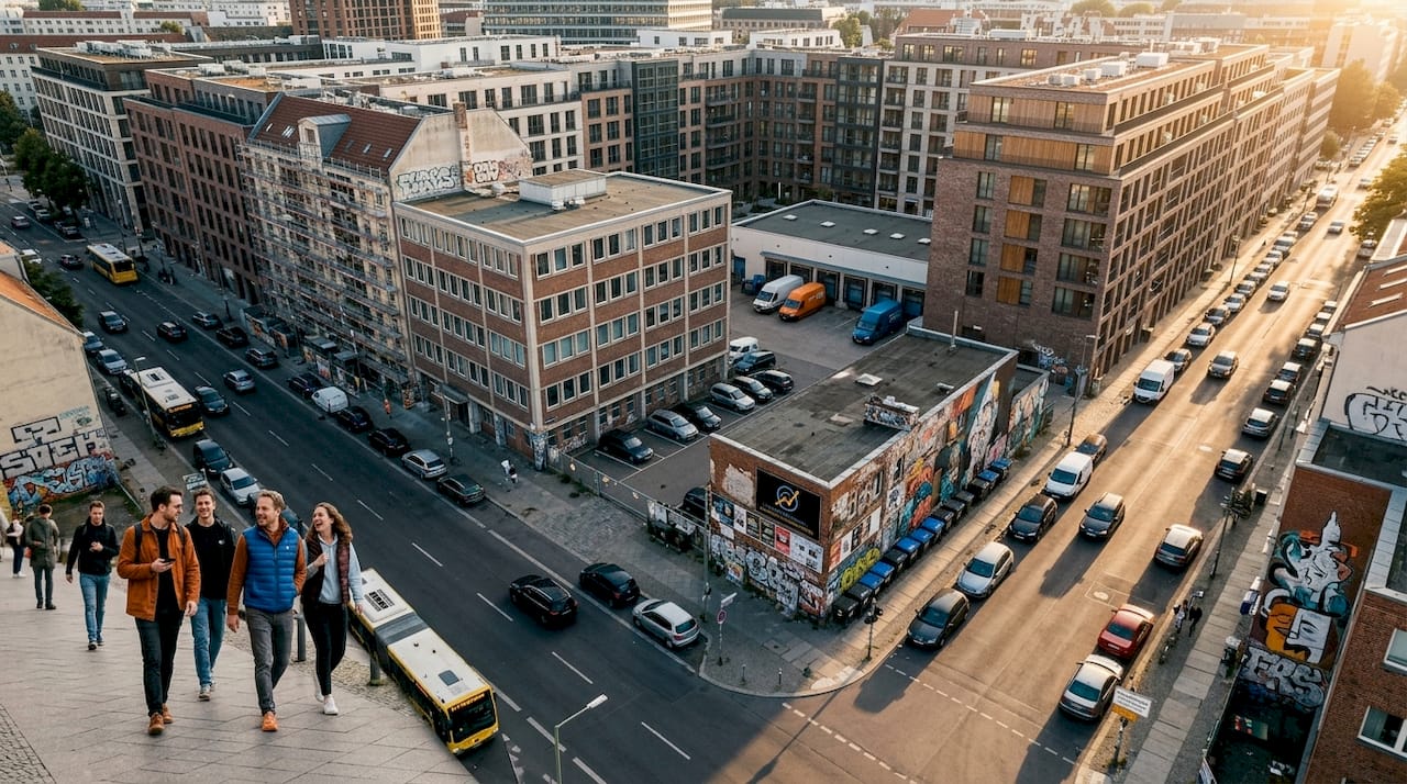 Ein urbanes Quartier mit Wohneinheiten, modernen Büroflächen und integrierter Logistik.