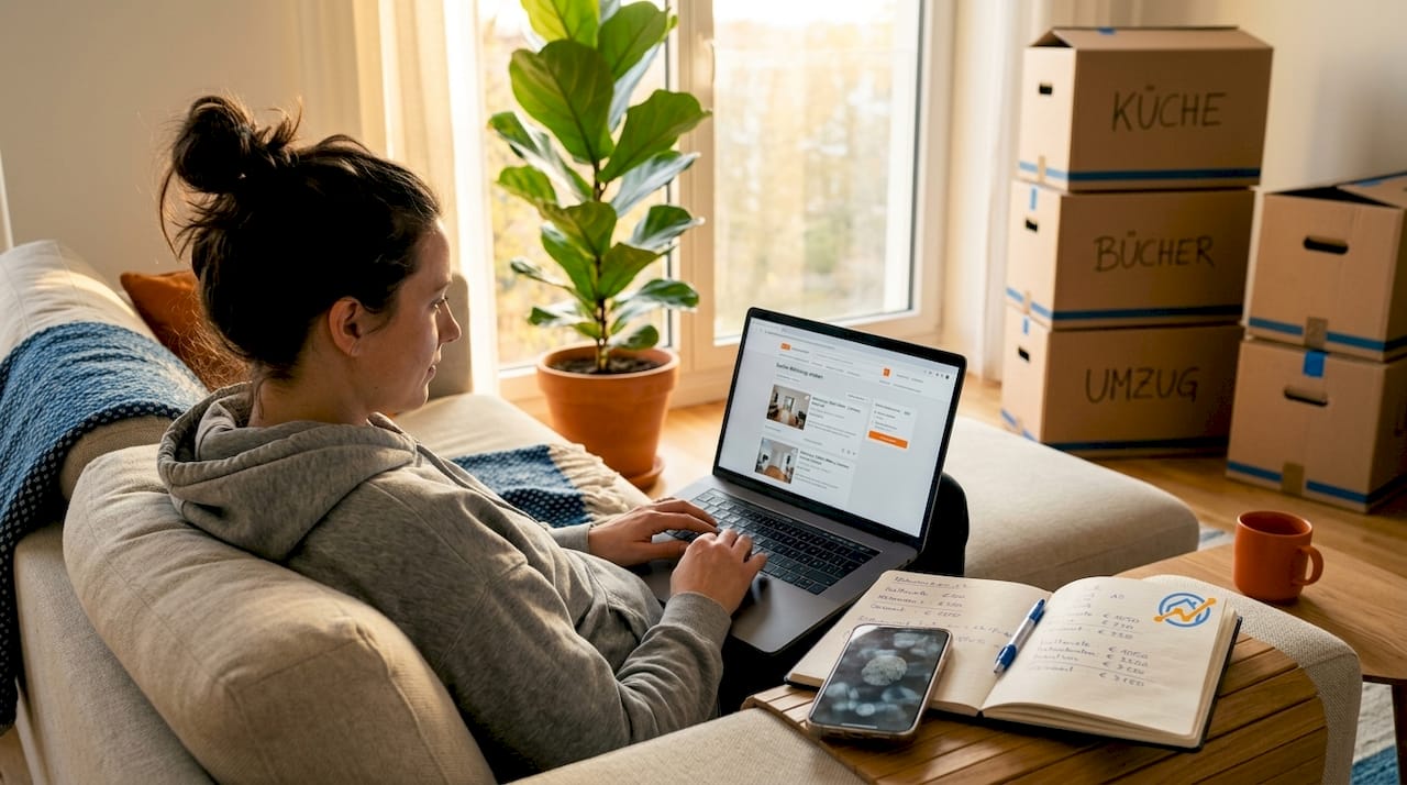 Eine Frau durchstöbert am heimischen Computer aktuelle Immobilienanzeigen.