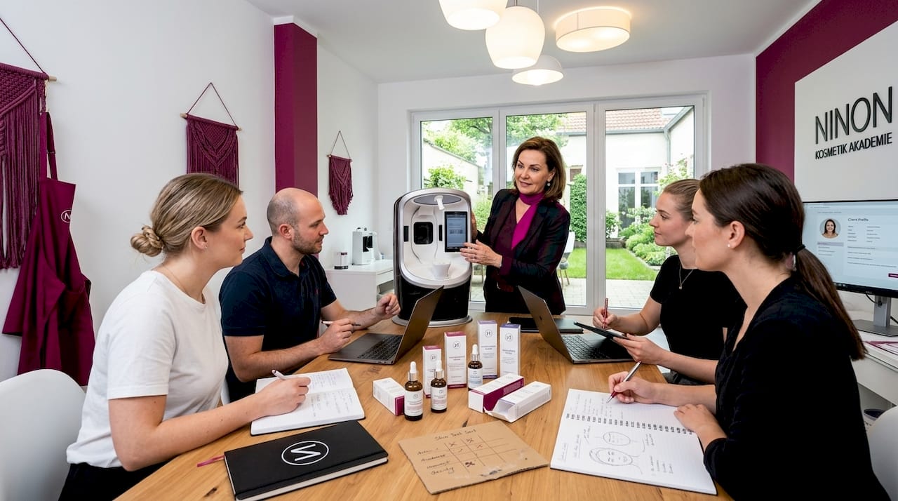 Eine Kosmetikschulungsgruppe bei der praktischen Anwendung eines Hautanalysegeräts.