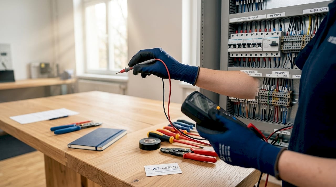 Ein Techniker prüft einen Sicherungsautomaten.