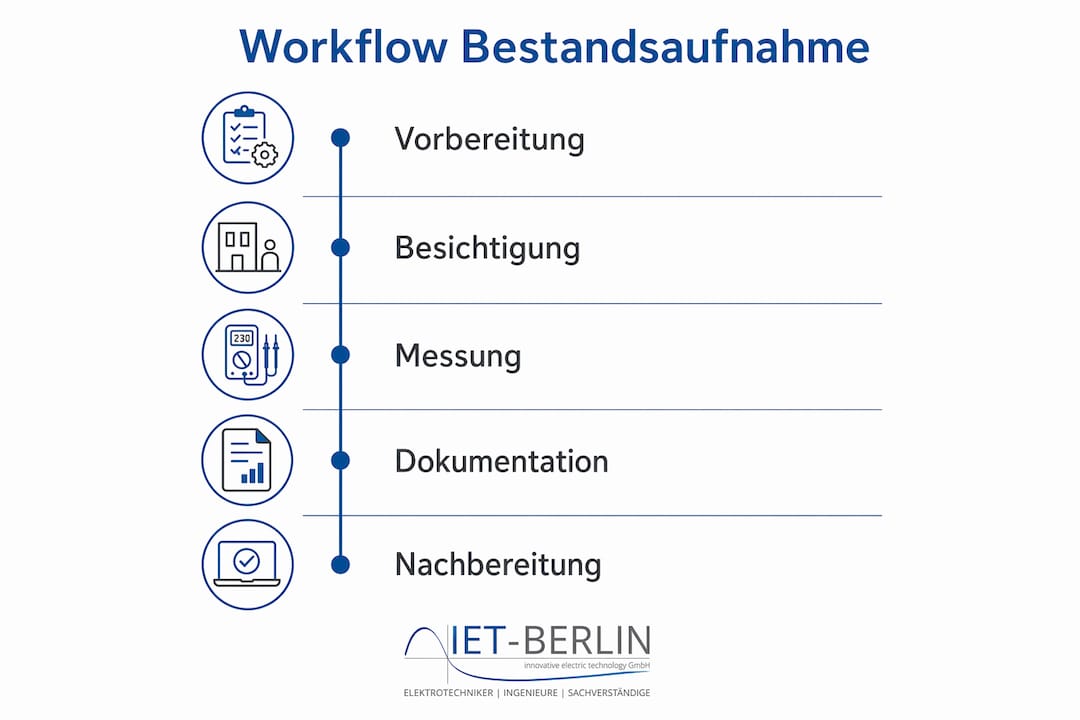 Die Infografik veranschaulicht die einzelnen Schritte einer Bestandsaufnahme im Workflow.