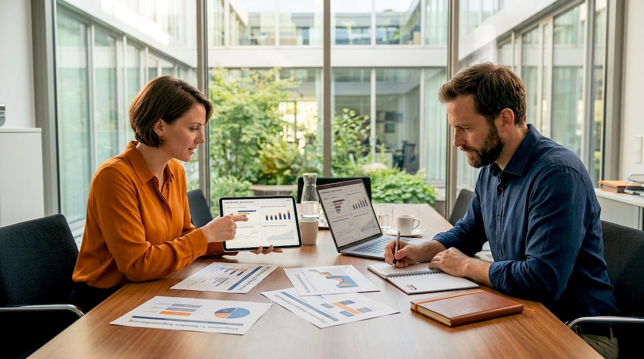 Das Marketing-Team tauscht sich über die optimale Vernetzung verschiedener Datenquellen aus.