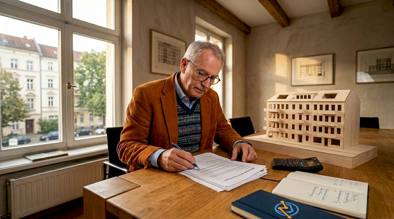 Ein Sachverständiger nimmt die Immobilienunterlagen genau unter die Lupe.