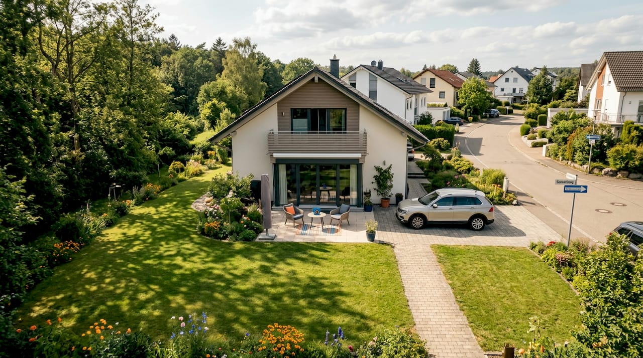 Luftaufnahme eines Einfamilienhauses im Grünen