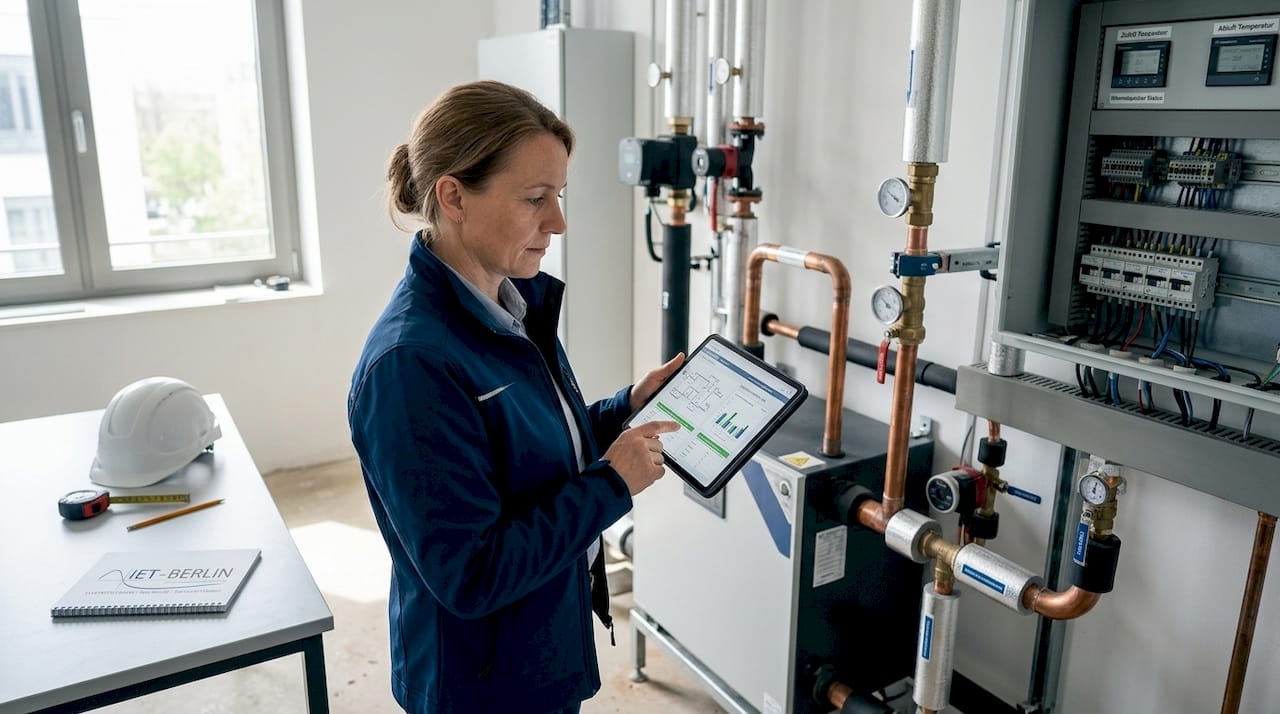Ein Ingenieur überprüft eine energieeffiziente Klimaanlage.