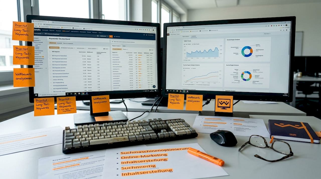Arbeitsplatz mit geöffneten Keyword-Tools am Bildschirm und Notizen auf dem Schreibtisch