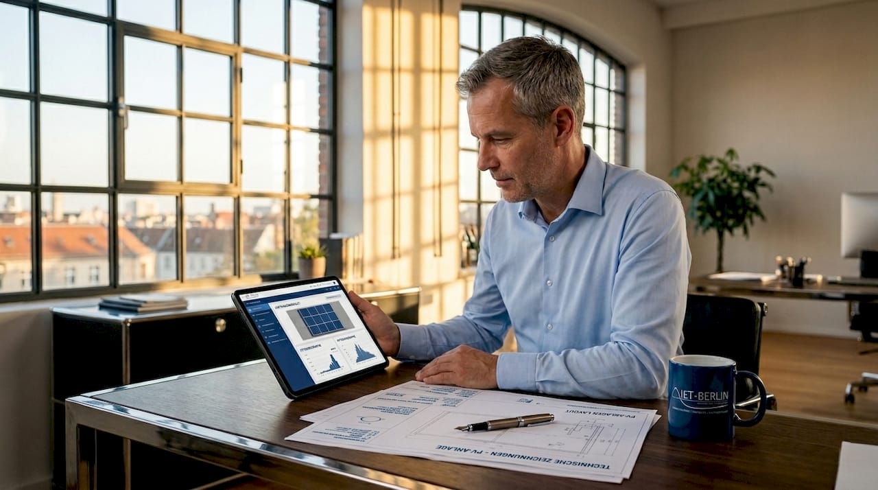 Techniker kontrolliert Solaranlage bequem vom Homeoffice aus