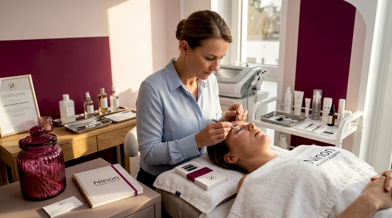 Die Kosmetikerin legt das Silikonpad behutsam auf die Wimpern auf.