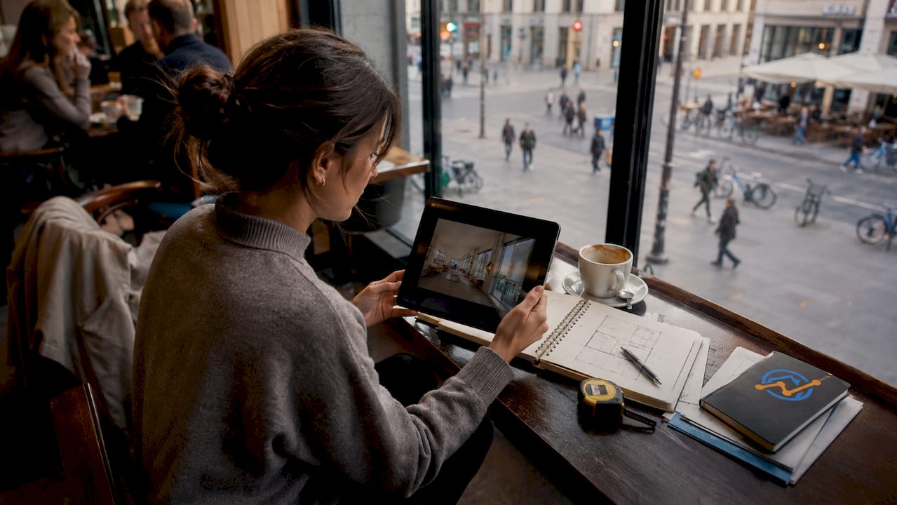 Eine Frau erkundet mithilfe ihres Tablets virtuell eine Immobilie in 360 Grad.
