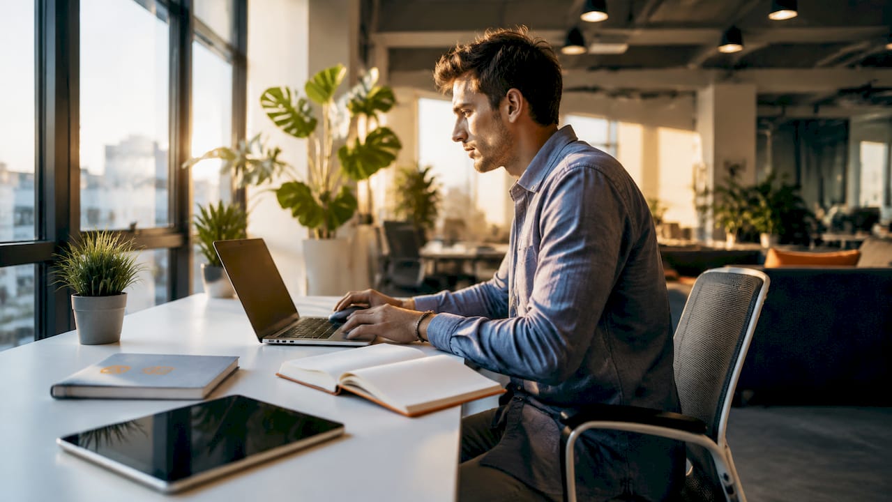 Eine Person arbeitet am Schreibtisch daran, die Inhalte der Website zu verbessern.