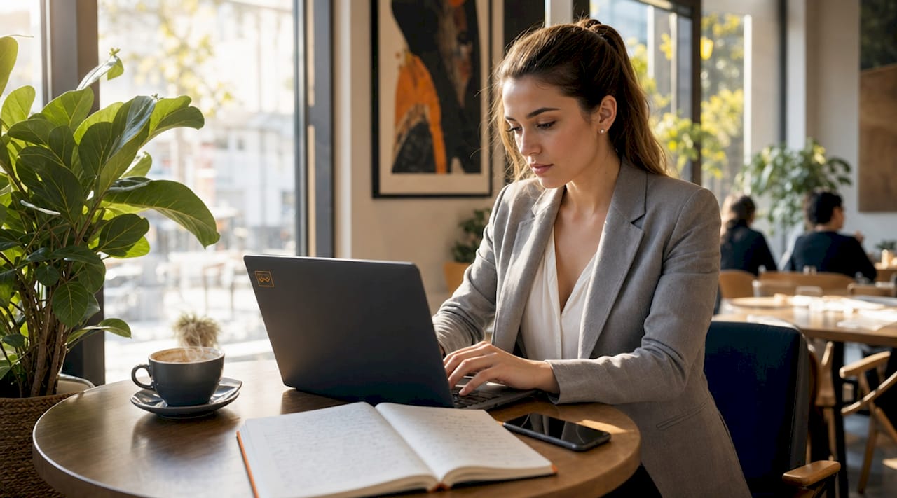 Eine Frau sitzt am Laptop und arbeitet an einer Marketingstrategie mit Hilfe von Künstlicher Intelligenz.