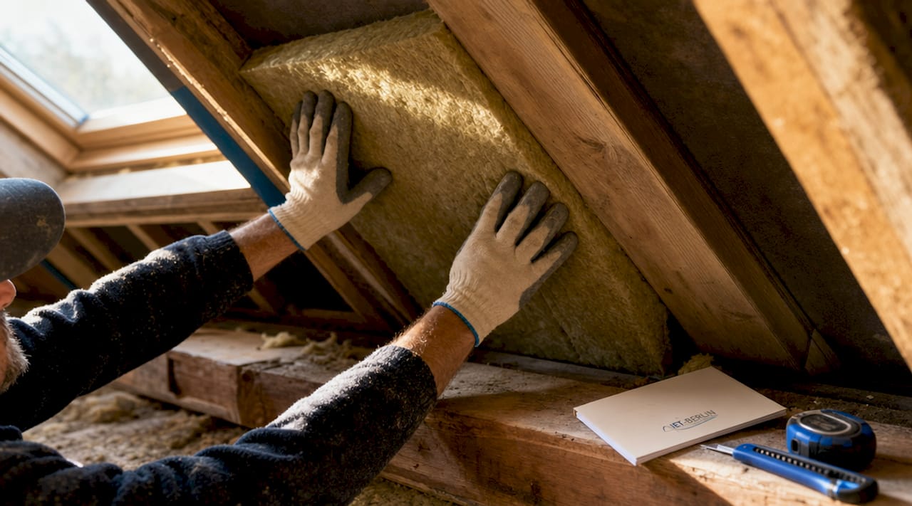 Ein Handwerker bringt im Dachgeschoss die Dämmung an.