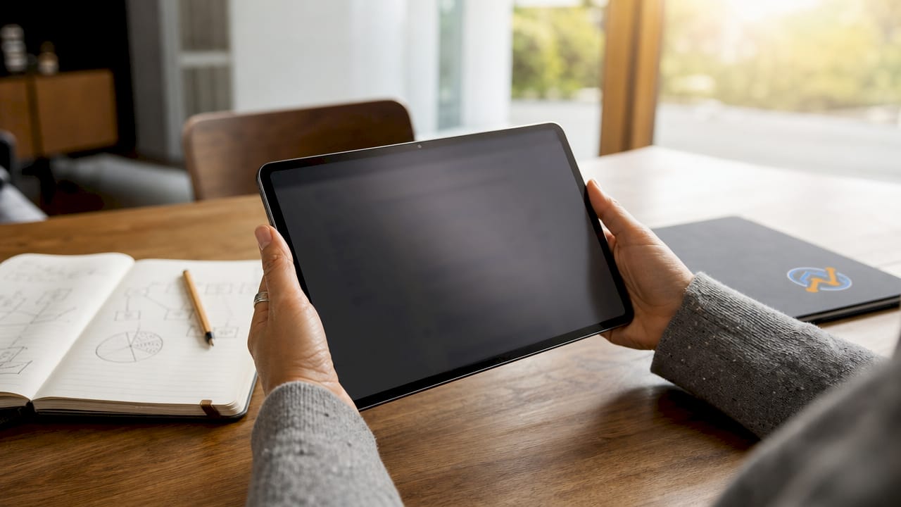 Ein Tablet mit einem offenen Online-Antragsformular wird in den Händen gehalten.