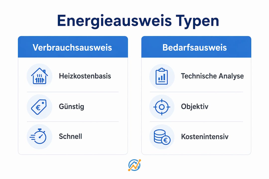 Vergleich zwischen Verbrauchs- und Bedarfsausweis anschaulich in einer Infografik dargestellt