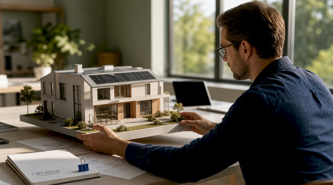 Ein Ingenieur nimmt letzte Anpassungen an einem Modell eines energieeffizienten Hauses vor.