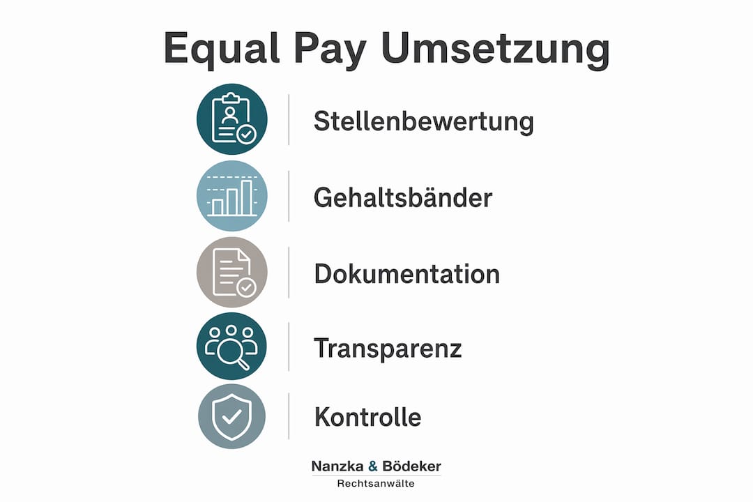 Die Infografik veranschaulicht, wie Equal Pay Schritt für Schritt umgesetzt werden kann.