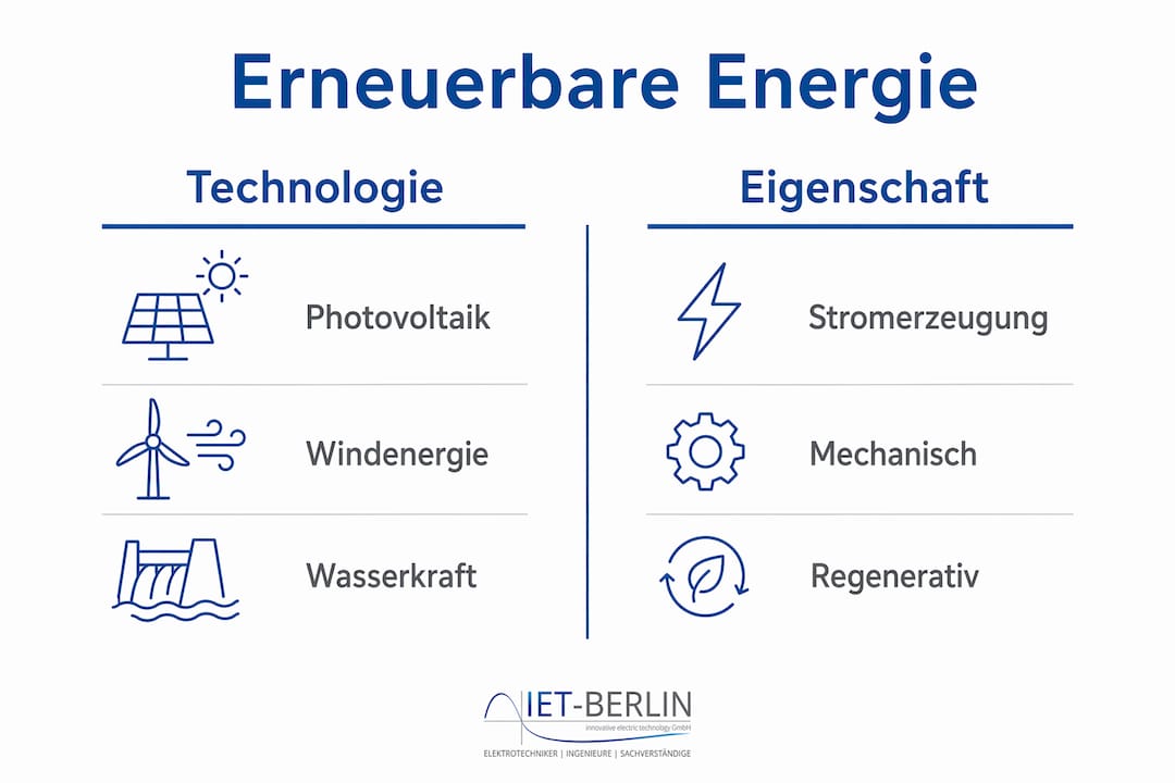 Die Infografik veranschaulicht den direkten Vergleich verschiedener erneuerbarer Energietechnologien.