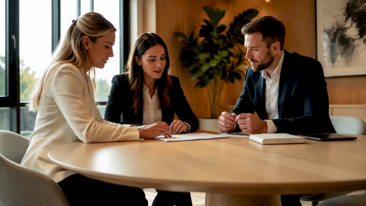 Das Management-Team diskutiert die aktuellen Geschäftsergebnisse.