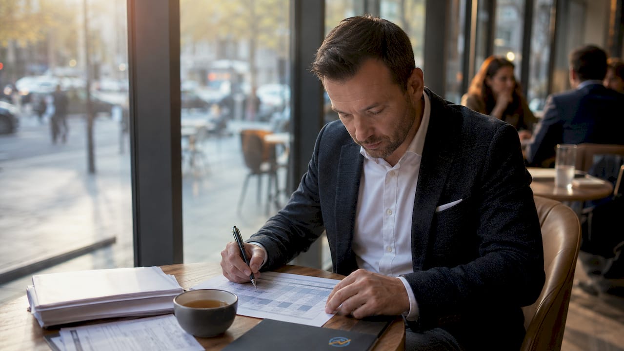 Ein Immobilienmakler hält im Büro wichtige Informationen zu Franchise-Gebühren schriftlich fest.