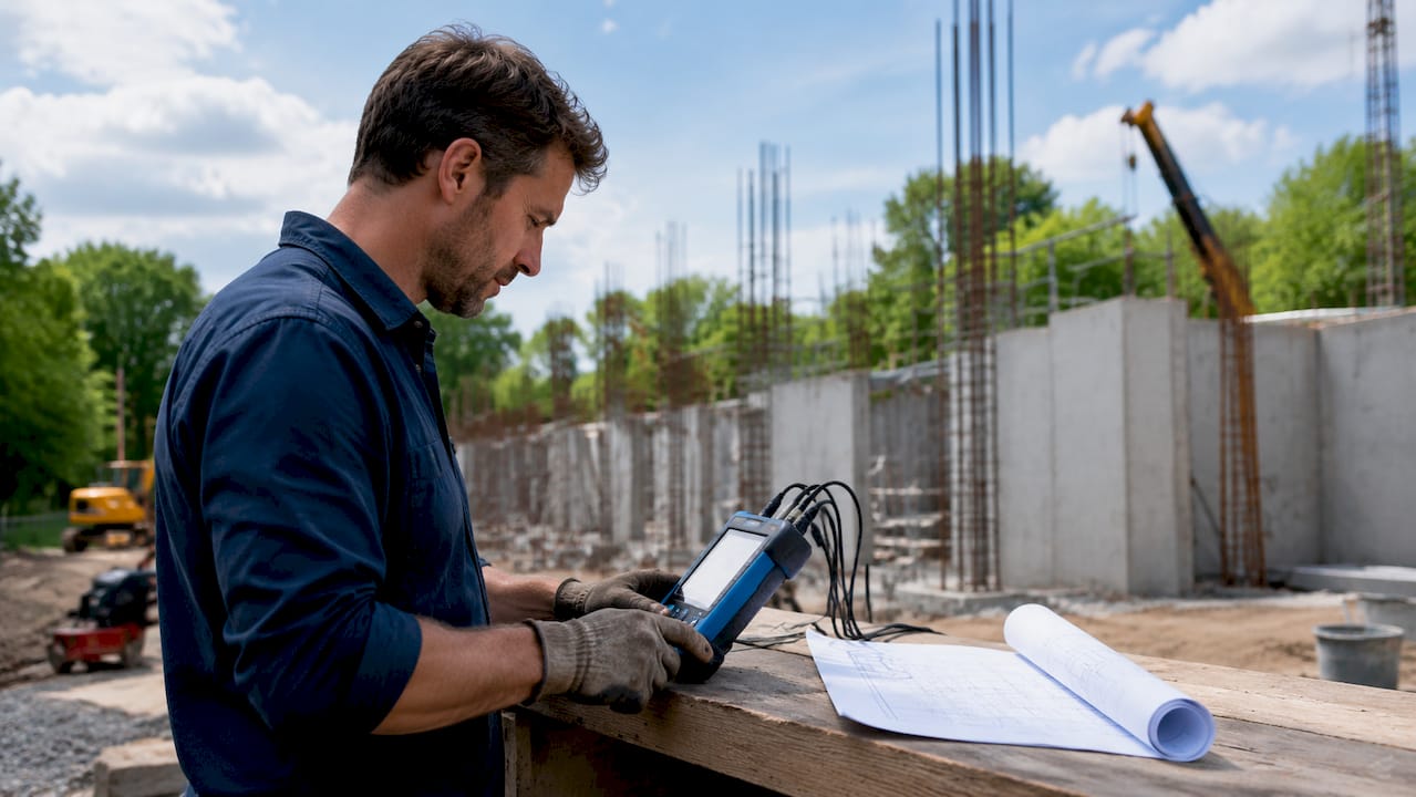Ein Bauarbeiter prüft mit einem Messgerät die Werte direkt auf der Baustelle.
