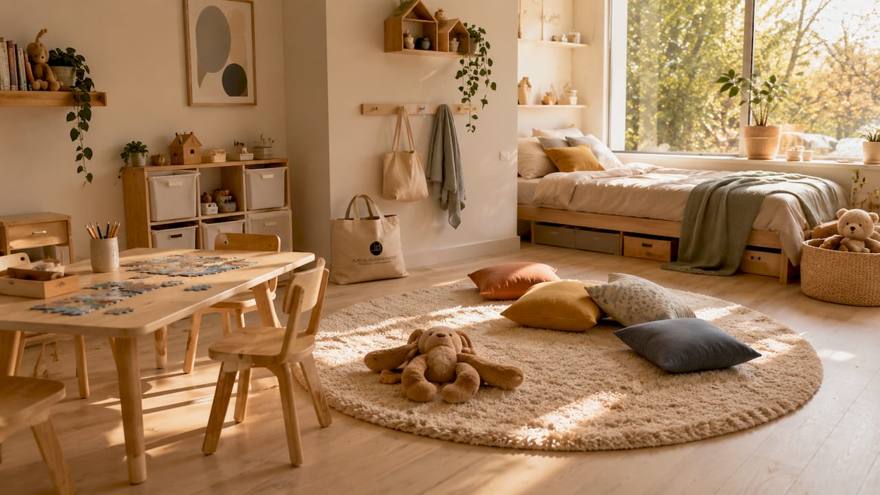Ein Kinderzimmer, in dem Schlafen, Lernen und Spielen klar voneinander getrennt sind.