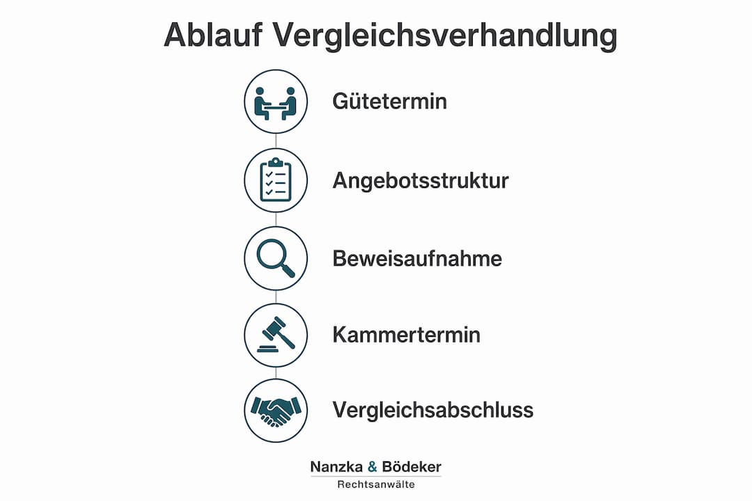 Grafik veranschaulicht den typischen Ablauf einer Vergleichsverhandlung