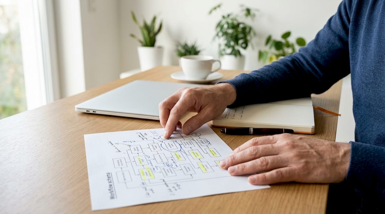 Mit den Händen wird der Arbeitsablauf auf dem Papier am Schreibtisch veranschaulicht.