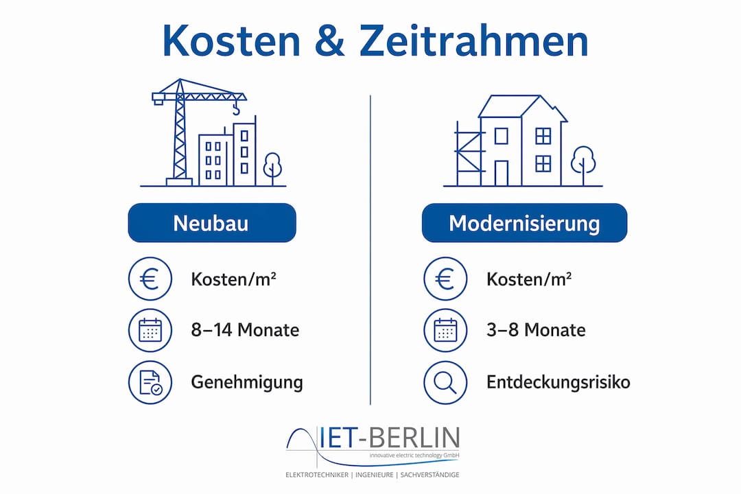 Infografik: Was ist günstiger und schneller – Neubau oder Modernisierung?
