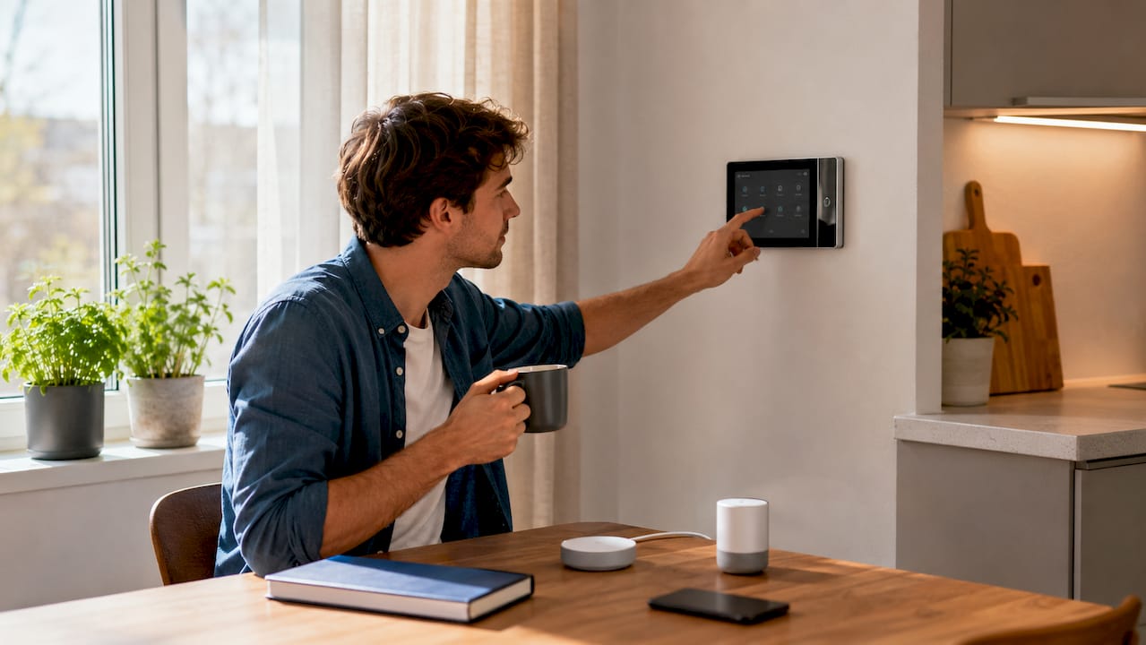 Eine Person stellt die Einstellungen ihres intelligenten Energiesystems zu Hause ein.