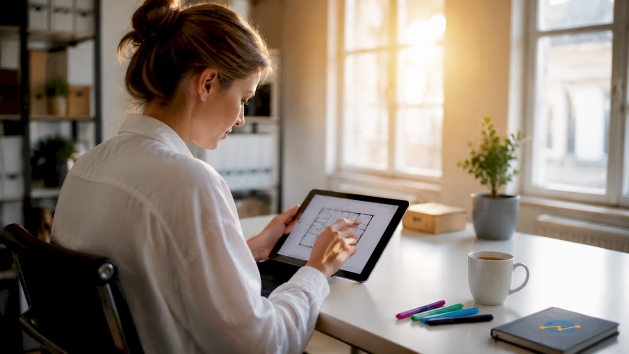 Mit den Händen wird der interaktive Grundriss direkt auf dem Tablet gesteuert.