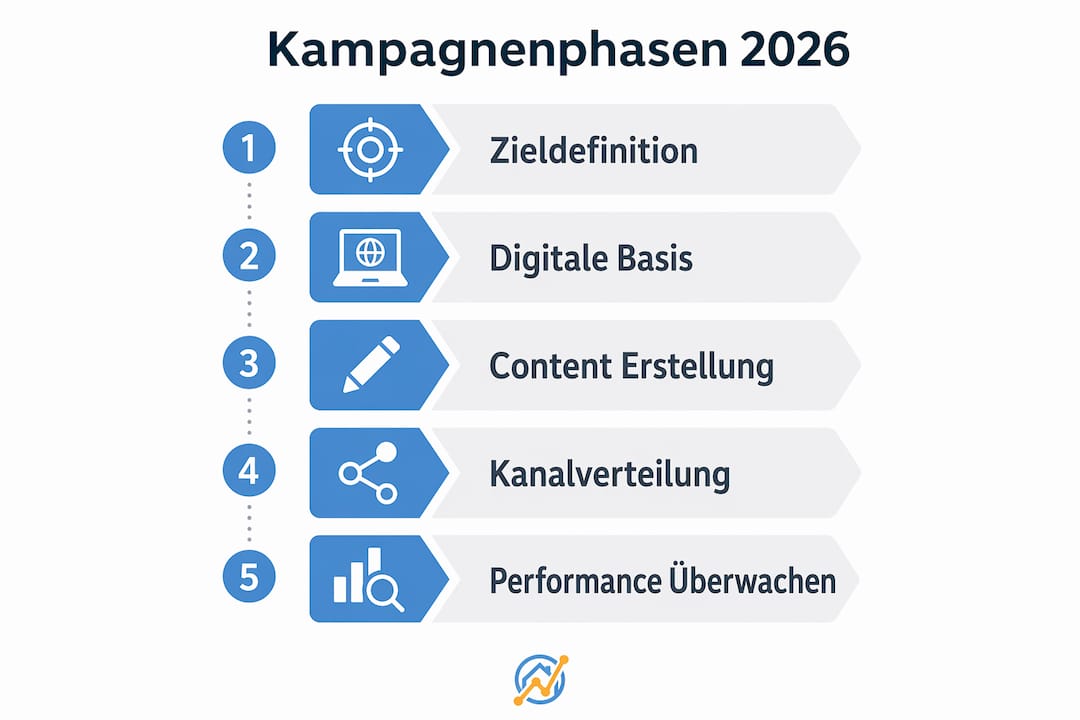 Übersicht der wichtigsten Kampagnen-Phasen im Immobilienmarketing für das Jahr 2026 – anschaulich dargestellt als Infografik