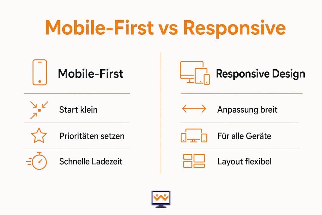 Infografik: Gegenüberstellung der Konzepte Mobile-First und Responsive Design