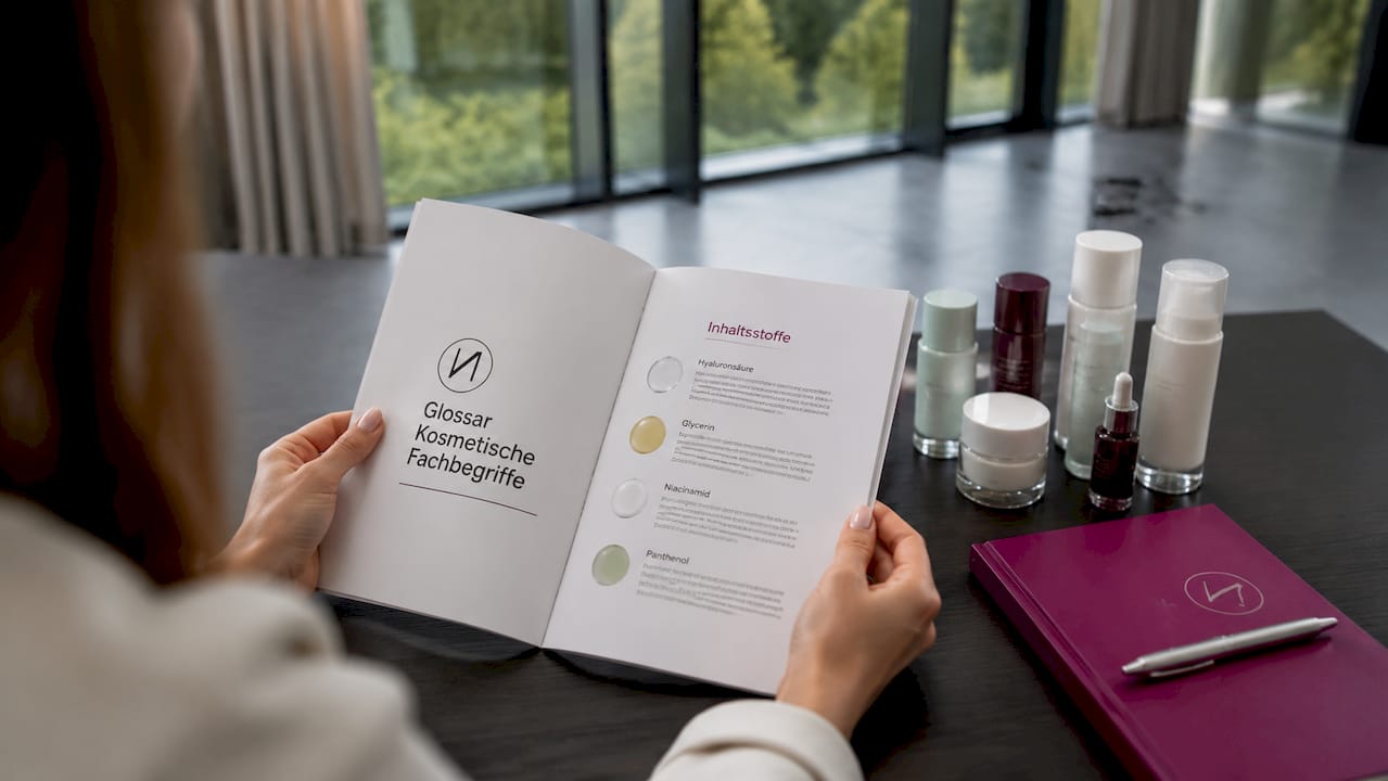 Während der Beratung werden die wichtigsten Begriffe rund um Kosmetik anschaulich in einer Broschüre erklärt – die Hände zeigen dabei auf die entsprechenden Seiten.
